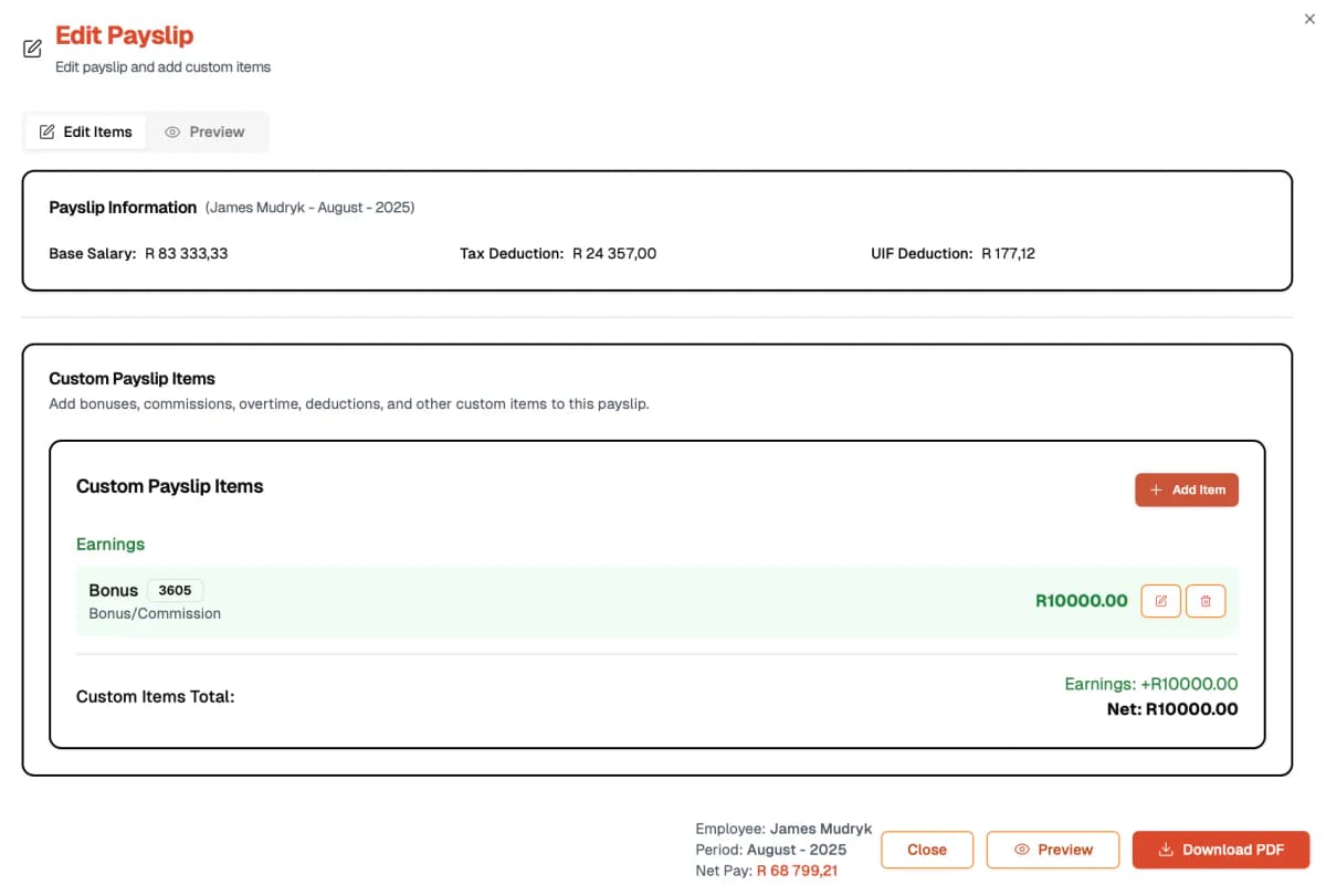 Detailed Payslip with Custom Items